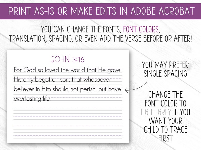 May include: A printable worksheet with the text "JOHN 3:16" and a Bible verse. The worksheet has lined spaces for writing and instructions to edit fonts, colors, and spacing. The text encourages tracing for children.