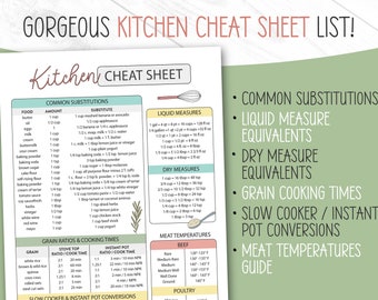Kitchen Conversion Chart, Printable Kitchen Cheat Sheet, Kitchen Substitution Chart, Instant Pot Conversions, Meat Temperature Guide, Recipe