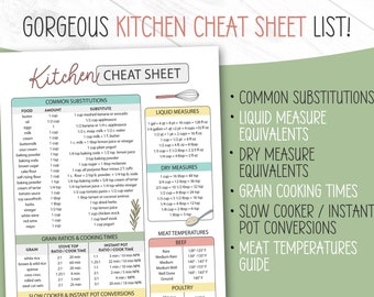 May include: A printable kitchen cheat sheet with common substitutions, liquid and dry measure equivalents, grain cooking times, slow cooker and instant pot conversions, and meat temperatures. The cheat sheet is designed with a hand-drawn style and features a whisk, a spoon, and a sprig of rosemary.