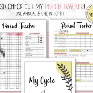 Puede incluir: Dos p&aacute;ginas imprimibles de seguimiento del per&iacute;odo. Una p&aacute;gina es un calendario mensual con una secci&oacute;n para rastrear la duraci&oacute;n del ciclo. La otra p&aacute;gina es un rastreador mensual con secciones para rastrear el flujo, los calambres, el dolor de cabeza, el acn&eacute;, la irritabilidad, las manchas, la fatiga y las notas sobre el ciclo. El texto "My Cycle" est&aacute; escrito en cursiva negra sobre un fondo amarillo con un dise&ntilde;o de hoja negra.