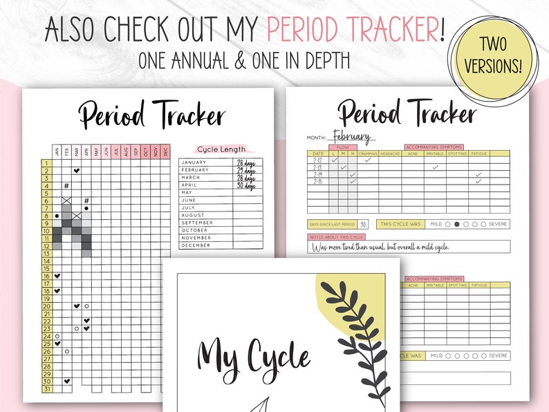 Puede incluir: Dos p&aacute;ginas imprimibles de seguimiento del per&iacute;odo. Una p&aacute;gina es un calendario mensual con una secci&oacute;n para rastrear la duraci&oacute;n del ciclo. La otra p&aacute;gina es un rastreador mensual con secciones para rastrear el flujo, los calambres, el dolor de cabeza, el acn&eacute;, la irritabilidad, las manchas, la fatiga y las notas sobre el ciclo. El texto "My Cycle" est&aacute; escrito en cursiva negra sobre un fondo amarillo con un dise&ntilde;o de hoja negra.