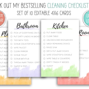 Op de afbeelding: Een set van 10 bewerkbare 4x6 inch (ongeveer 10 x 15 cm) schoonmaakchecklistkaarten. Elke kaart toont een andere kamer, zoals de badkamer en keuken, met een lijst met taken. De kaarten hebben aquarelaccenten en de tekst "CHECK OUT MY BESTSELLING CLEANING CHECKLIST SET!"