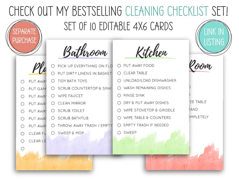 Op de afbeelding: Een set van 10 bewerkbare 4x6 inch (ongeveer 10 x 15 cm) schoonmaakchecklistkaarten. Elke kaart toont een andere kamer, zoals de badkamer en keuken, met een lijst met taken. De kaarten hebben aquarelaccenten en de tekst "CHECK OUT MY BESTSELLING CLEANING CHECKLIST SET!"
