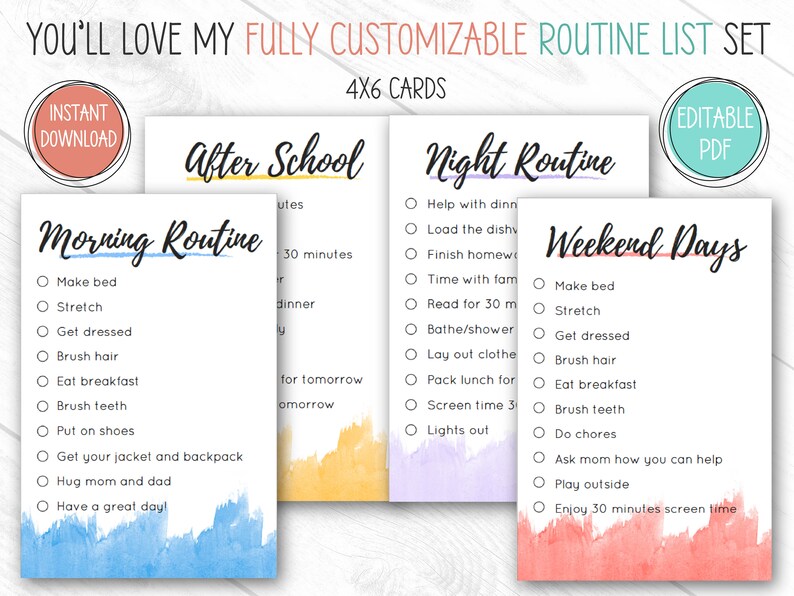 May include: Four printable routine cards for kids. The cards are 4x6 inches and feature a watercolor background. The cards are titled "Morning Routine", "After School", "Night Routine", and "Weekend Days". Each card has a list of tasks for kids to complete.