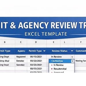Könnte beinhalten: Eine blau-weiße Excel-Vorlage mit dem Titel "PERMIT & AGENCY REVIEW TRACKER". Die Tabelle zeigt Spalten für Agentur, Art der Genehmigung, Überprüfungsstatus und Genehmigungsdatum. Die Spalte "Überprüfungsstatus" zeigt ein Dropdown-Menü.