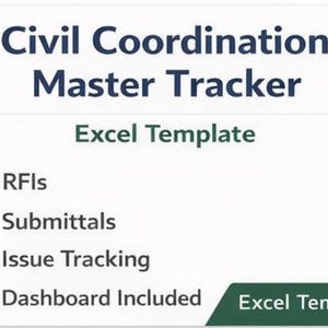 Könnte beinhalten: Auf weißem Hintergrund steht der Text "Civil Coordination Master Tracker" in Dunkelblau. Darunter steht "Excel Template" in Grün. Aufzählungszeichen listen Funktionen auf: RFIs, Submittals, Issue Tracking und Dashboard Included.