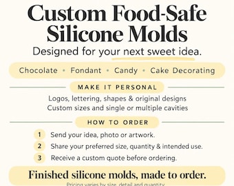 Pode incluir: Um gráfico informativo de cor creme da Bright Idea Creative Co. anunciando moldes de silicone personalizados e seguros para alimentos para chocolate, fondant, doces e decoração de bolos. O texto descreve o processo de pedido de designs.