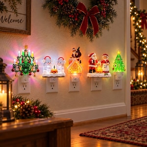 Puede incluir: Un conjunto de cinco luces nocturnas navideñas iluminadas conectadas a la pared. Los diseños incluyen un árbol verde con velas, dos muñecos de nieve junto a una fogata, Santa en un tejado, Santa y la señora Claus junto a una fogata y un árbol pequeño.