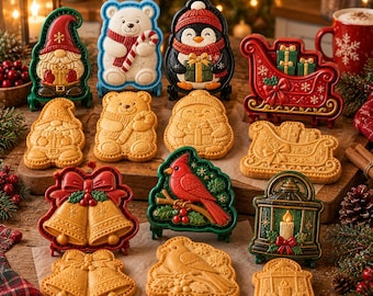 May include: A collection of five plastic cookie molds and their corresponding baked cookies, featuring a gnome, a polar bear, a penguin, a sleigh, a pair of bells, a cardinal, and a lantern, all with intricate holiday-themed embossed details.