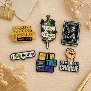 Pode incluir: Seis pins de esmalte com designs variados: um balão de fala amarelo com texto, uma espada envolta numa faixa com texto, um cartão retangular preto com um esqueleto, um balão branco com uma abelha, cassetes e um punho fechado.