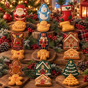 May include: A collection of nine Christmas-themed cookie cutters paired with their corresponding embossed gingerbread cookies, featuring shapes of Santa, a snowman, a stocking, a reindeer, a nutcracker, a house, a gingerbread person, and a tree.