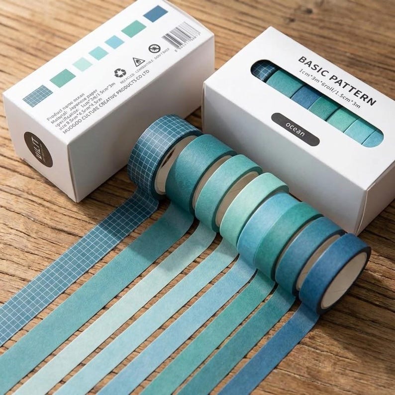 8 Rolls Aesthetic Gradient Washi Tape Set, Ocean Blue Grid Decorative ...