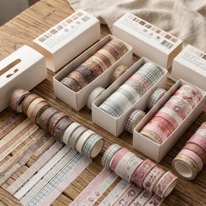 Pode incluir: Rolos de fita washi decorativa em vários padrões e cores, incluindo xadrez, floral e vintage. Os rolos são exibidos em caixas brancas, ideais para scrapbooking, journaling e projetos de artesanato. Os rolos de fita estão em uma variedade de cores.