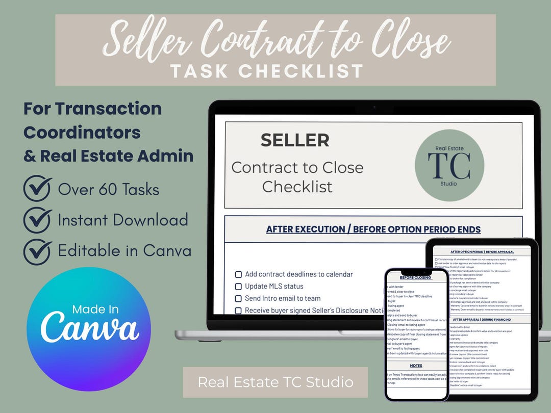Real Estate Seller Transaction Checklist | Editable Canva Template - Etsy
