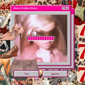 Può includere: Un collage con una finestra del computer rosa con l'etichetta "Nuova Collezione" con una bambola con occhiali da sole. L'immagine include tacchi rosa, zeppe con stampa leopardata e una gonna di jeans. I pulsanti recitano "Sì" e "Ignora".