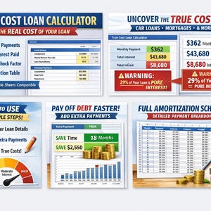 May include: Informative graphic displays a loan calculator with key metrics like monthly payments and interest. It highlights the true cost of loans, including warnings about interest rates and amortization schedules. The image is designed to help users understand loan details.