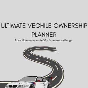 Könnte beinhalten: Ein weißes Sportwagen fährt auf einer kurvenreichen Straße vor grauem Hintergrund. Das Bild zeigt den Text "ULTIMATE VEHICLE OWNERSHIP PLANNER" und "Track Maintenance - MOT - Expenses - Mileage". Das Logo "NovexGB" befindet sich unten rechts.