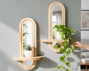Estantería de pared de madera arqueada con espejo / Decoración flotante minimalista
