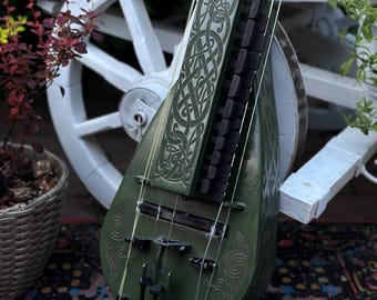 Handmade Electric Acoustic Hurdy-Gurdy, Hurdy Gurdy Model Green Crow, 6-String Wheel Lyre Musical Instrument