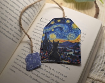 Handmade Cat Bookmark – Starry Night Fabric Reading Accessory – Book Lover Gift