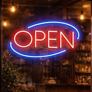 May include: A neon sign in a shop window displays the word "OPEN" in red, outlined with blue. The shop's interior is visible through the glass, with a red and white striped awning above.