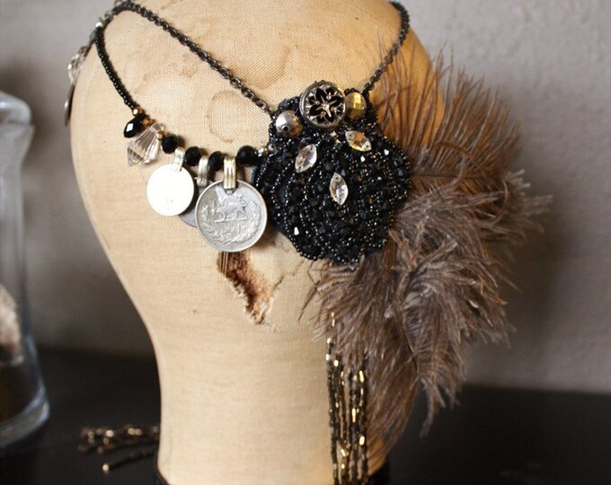 Art Deco Headdress With Ostrich Feather Brass Chain Black Etsy