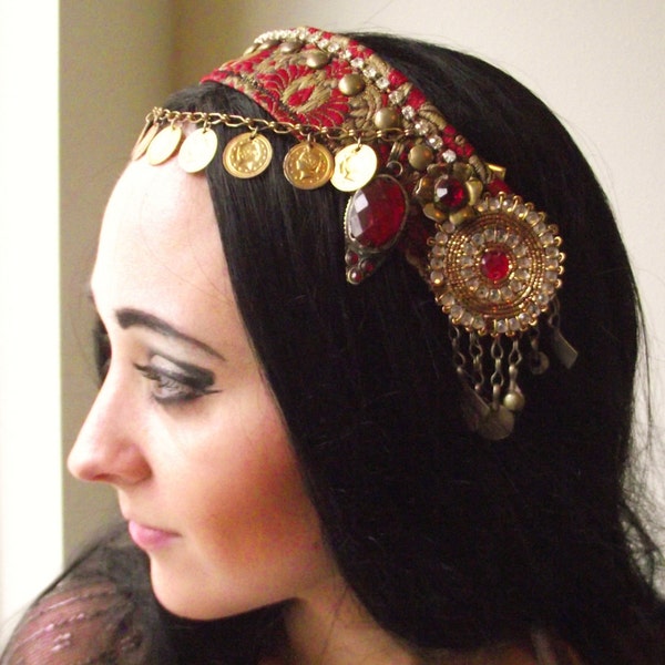 Belly Dance Headpiece- Tribal Fusion, Festival, Costume- Shimmy Shimmy Ya- Red and Gold