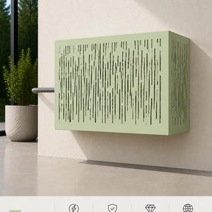 Puede incluir: Una cubierta rectangular de metal en color verde pastel con un patrón vertical cortado a láser. La unidad tiene un acabado de recubrimiento en polvo electrostático y se describe como resistente al óxido y a la intemperie. Color RAL 6019.