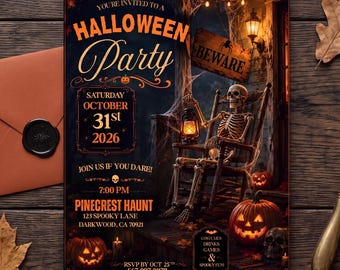 Halloween-Party-Einladungsvorlage (Canva) – Bearbeitbare Skelett-Einladung – Gruselige Geisterveranda – Kostümparty für Erwachsene – Sofort-Download – Druckbare Karte