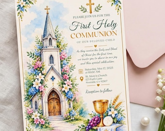 May include: A First Holy Communion invitation card featuring a watercolor illustration of a church surrounded by colorful flowers. The text reads: Please join us for the First Holy Communion of our beloved child, Saturday, May 17, 2025, at 10:00 AM.