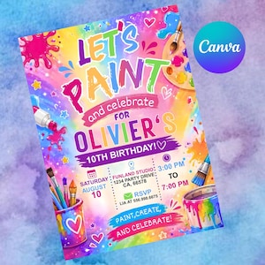 Può includere: Un colorato invito di compleanno con il testo LET'S PAINT and celebrate FOR OLIVIER'S 10TH BIRTHDAY. Il design include illustrazioni di pennelli, una tavolozza di colori e barattoli di vernice su uno sfondo acquerello arcobaleno.
