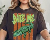 Retro Alligator PNG Digital Download, Distressed Burnt Orange Stripes Sublimation Design, Sarcastic Bite Me Gator PNG, Trendy Streetwear DTF