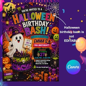 Halloween Birthday Invitation Template Canva Editable Spooky Birthday Bash Cute Ghost Invite 10th Birthday Girl Instant Download Printable