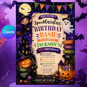 Könnte beinhalten: Eine Halloween-Geburtstagseinladung mit einer Hexe, einem Geist, einer schwarzen Katze, einem Kürbis und einem Spukhaus. Der Text lautet: JOIN US FOR A SPOOKTACULAR BIRTHDAY BASH! TO CELEBRATE JACKSON'S 5TH BIRTHDAY! SAMSTAG, 27. OKTOBER 2026.