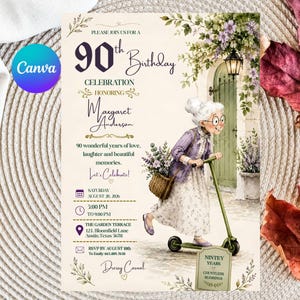 Op de afbeelding: Een uitnodigingskaart voor een 90e verjaardag met een illustratie van een ouder persoon met wit haar en een bril op een groene step. De tekst bevat de naam Margaret Anderson, evenementdetails en de tekst Nintey Years Countless Blessings.