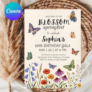 May include: A rectangular invitation card with a cream background featuring colorful butterflies and wildflowers. Text reads: WELCOME TO THE BLOSSOM springfest to celebrate Sophia's 10th BIRTHDAY GALA MAY 10 AT 6 PM The Botanical Garden Pavilion 456 Garden Path, Oakhaven, VT 05468 RSVP to Maria at 786.776.8657.