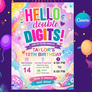 May include: A colourful birthday invitation featuring the text HELLO double DIGITS! JOIN US TO CELEBRATE TAYLOR'S 10TH BIRTHDAY. The design includes a rainbow background with stars, clouds, a disco ball, and a trainer, with event details for August 14.