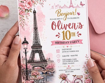 Plantilla de invitación de cumpleaños de París en Canva, editable, Torre Eiffel, invitación floral rosa, fiesta temática de París, descarga instantánea, imprimible, 5x7