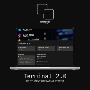May include: A silver laptop shows a dark-themed interface labelled "Terminal 2.0" with coding files and data. The screen displays GPA, problems solved, and applications sent. The Interlock Labs logo is at the top.