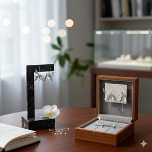 K&ouml;nnte beinhalten: Silberne Blumenohrringe, pr&auml;sentiert auf einem schwarzen Marmorst&auml;nder und in einer Holzbox. Die Ohrringe haben ein zartes, bl&uuml;tenartiges Design mit langen, schlanken Stiften. Eine wei&szlig;e Orchidee und ein paar Perlohrringe liegen ebenfalls auf dem Tisch.