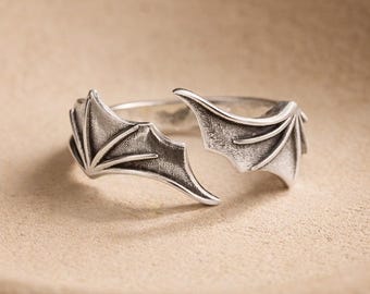 925 Sterling Silber Vintage Vampir Fledermaus Ring, Dämon Fledermaus Flügel Ring, weiblicher größenverstellbarer offener Ring, Gothic Ring, handgefertigtes Geschenk für sie