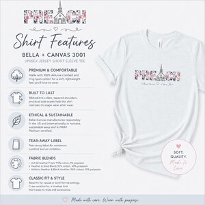 以下が含まれることがあります： 花柄でPREACHと書かれた白い半袖クルーネックTシャツ。Aの文字は教会のアイコンに置き換えられています。画像には、Tシャツの素材や構造の詳細を含む特徴リストが記載されています。