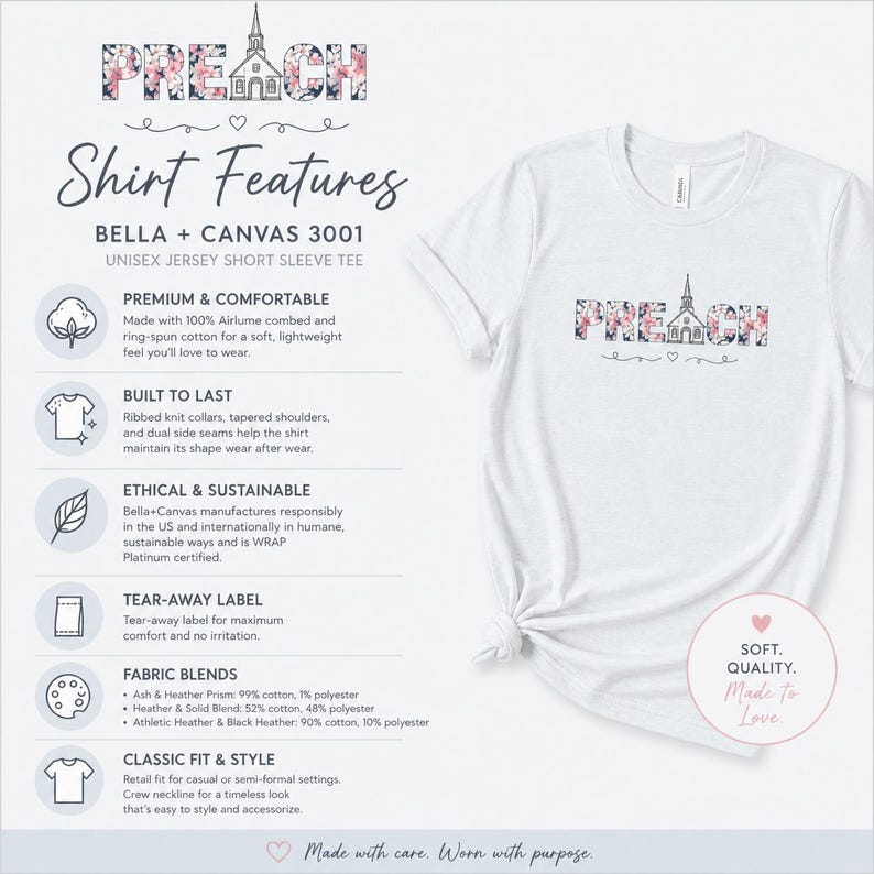 以下が含まれることがあります： 花柄でPREACHと書かれた白い半袖クルーネックTシャツ。Aの文字は教会のアイコンに置き換えられています。画像には、Tシャツの素材や構造の詳細を含む特徴リストが記載されています。