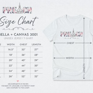 以下が含まれることがあります： PREACHの文字と教会の花柄グラフィックが描かれたBella + Canvas 3001ユニセックスジャージTシャツのサイズ表。XSから2XLまでのサイズに対応する幅、胸囲、着丈の測定値がインチ単位で記載されており、Tシャツには矢印が示されています。