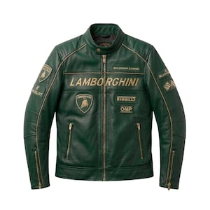 Handcrafted Green Lamborghini Style Leather Racing Jacket | Gold Embroidered Moto Biker Apparel