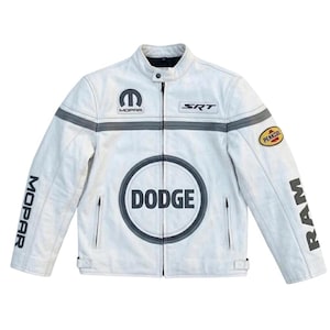 May include: White leather jacket with black and grey accents. Features the Mopar logo, SRT, Dodge, and Ram branding. Includes a Penzoil patch and grey racing stripes across the chest and sleeves.