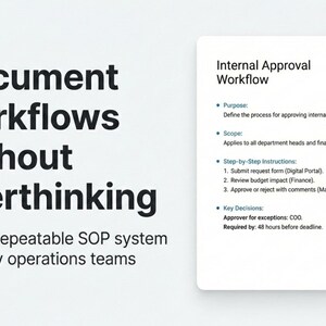 Może przedstawiać: Białe tło z tekstem „Dokumentuj przepływy pracy bez zbędnego myślenia”. Szybki, powtarzalny system SOP dla zapracowanych zespołów operacyjnych. Biały dokument zatytułowany „Wewnętrzny przepływ pracy zatwierdzania”.