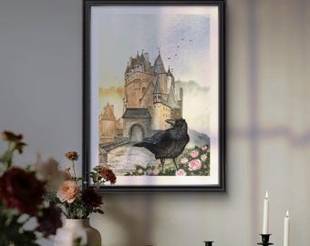 Stampa artistica gotica del Castello del Corvo: decorazione murale a tecnica mista in stile dark academia, di qualità archivistica.