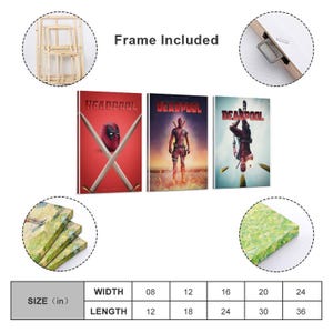 May include: A triptych of framed Deadpool film posters. The images show the Deadpool logo with crossed swords, Deadpool standing, and Deadpool upside down. Available in multiple sizes, with widths from 20 cm to 61 cm and lengths from 30 cm to 91 cm.