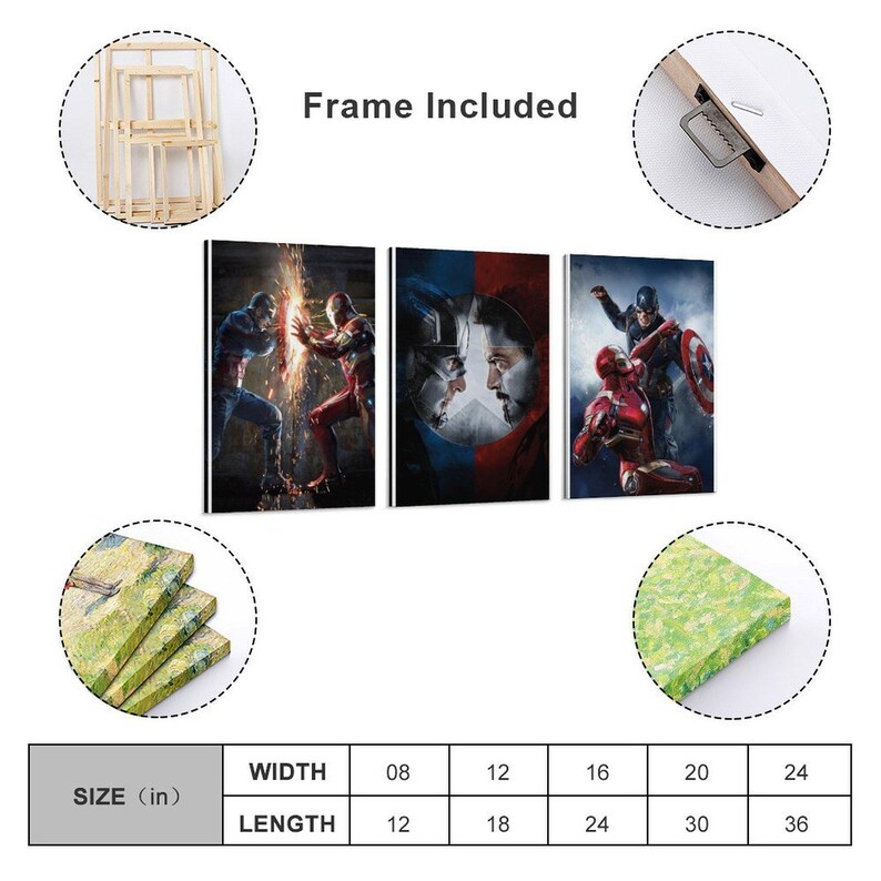 May include: A triptych canvas art print with three panels showcasing superhero characters. The panels feature Iron Man, Captain America, and others in dynamic poses. The text "Frame Included" is present. Sizes available range from 20cm x 30cm to 61cm x 91cm.